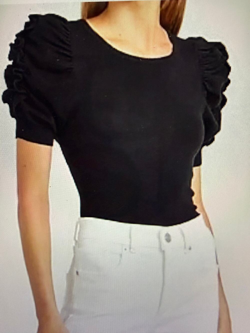 EXPRESS Short Sleeve Black Crewneck Sweater with Short Ruffle Sleeves Size L